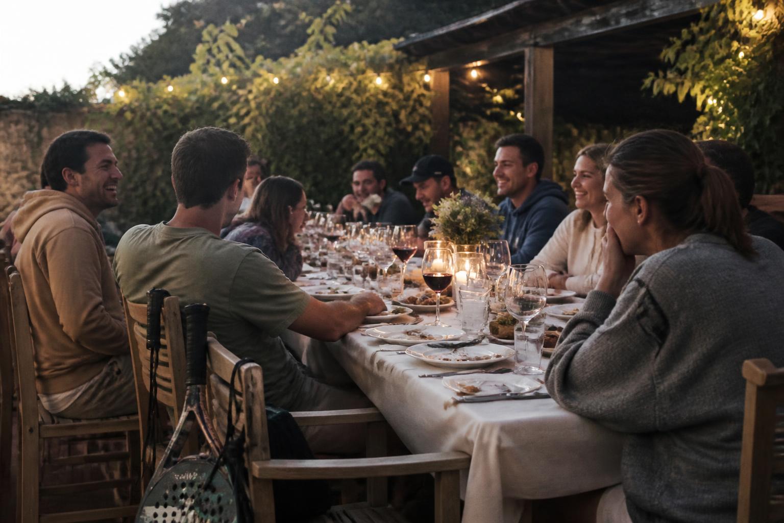 Friends at a long shared dinner table
